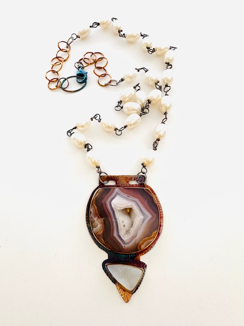 Image of Sterling Silver, 18k, fine silver bezels, aqua nueva agate, druzy quartz and pearl necklace, 24