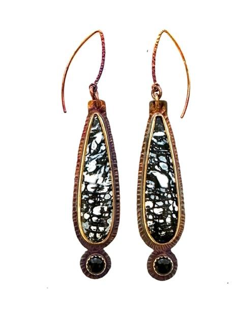 Sterling Silver, Fossilized Palm, and Black Onyx Earrings