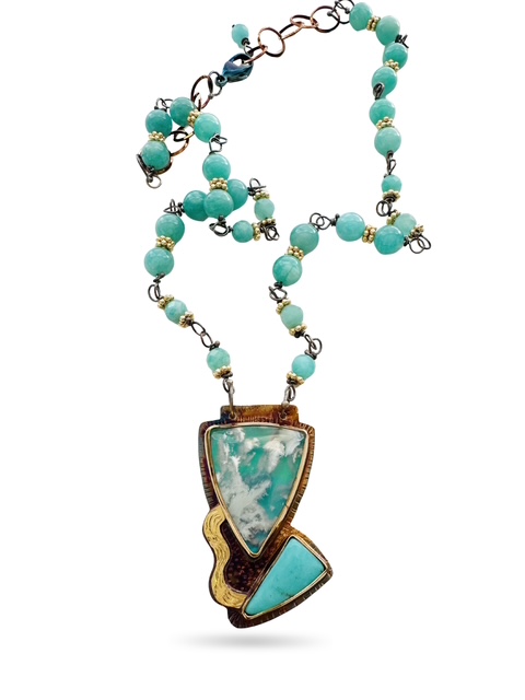 Image 2 for 6 Sterling Silver, Fine Silver Bezels, 18k Gold, Plume Agate over Blue Resin, and Kingman Mine Turquoise Necklace with beads of Amazonite, and Gold Fill Spacers, Sterling Silver Chain and Lobster Clasp