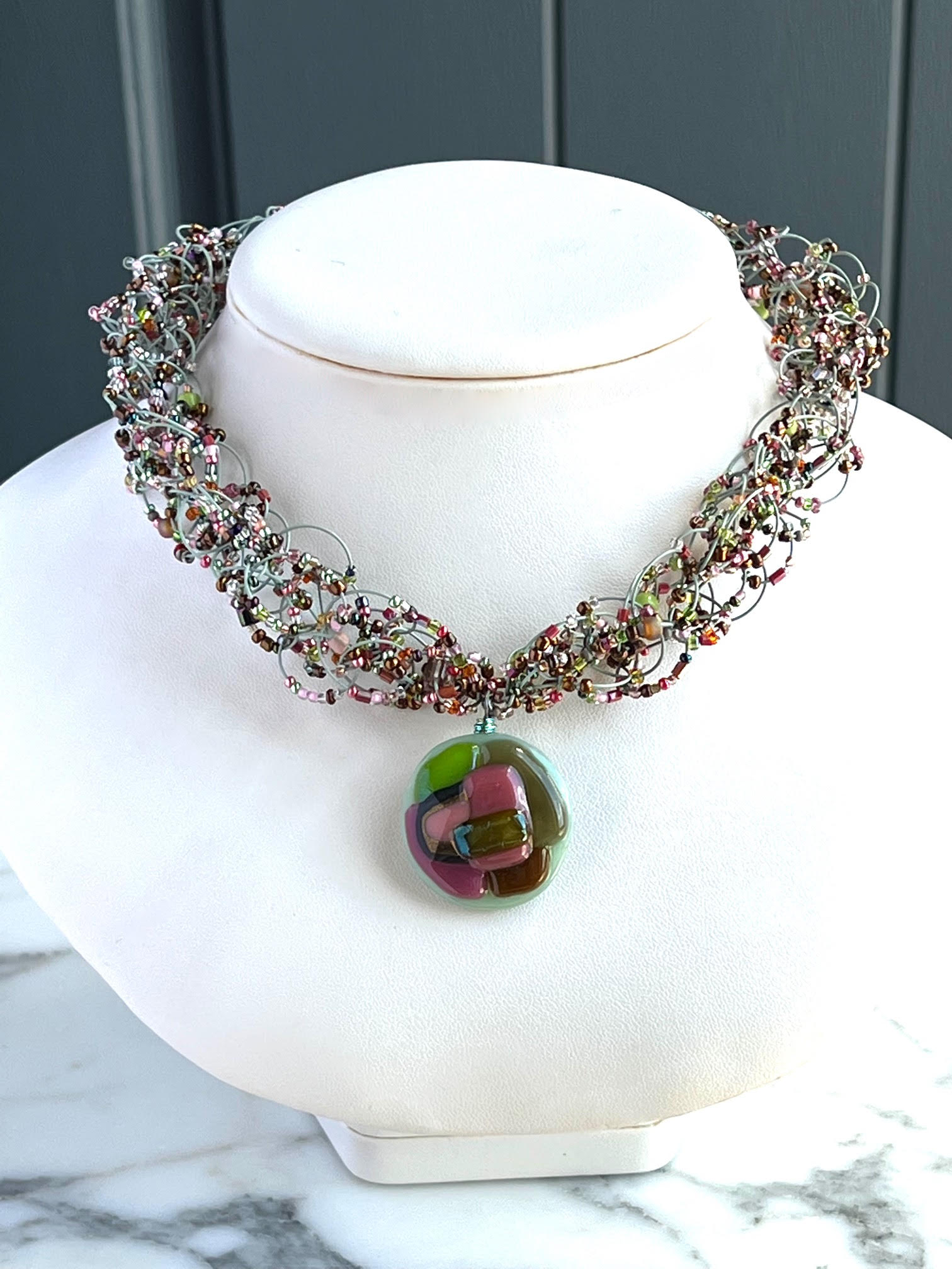 BLOOM Fused Glass Green, Pink and Mauve Woven Necklace