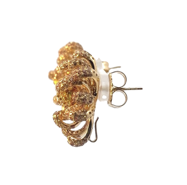 Image 2 for 18 Karat Yellow Gold, Fancy Diamond, Floral Spray, and Yellow Sapphire Earrings with Hidden Hooks