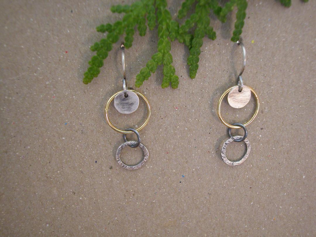 Circle Stick Earrings, Sterling and 14K Gold