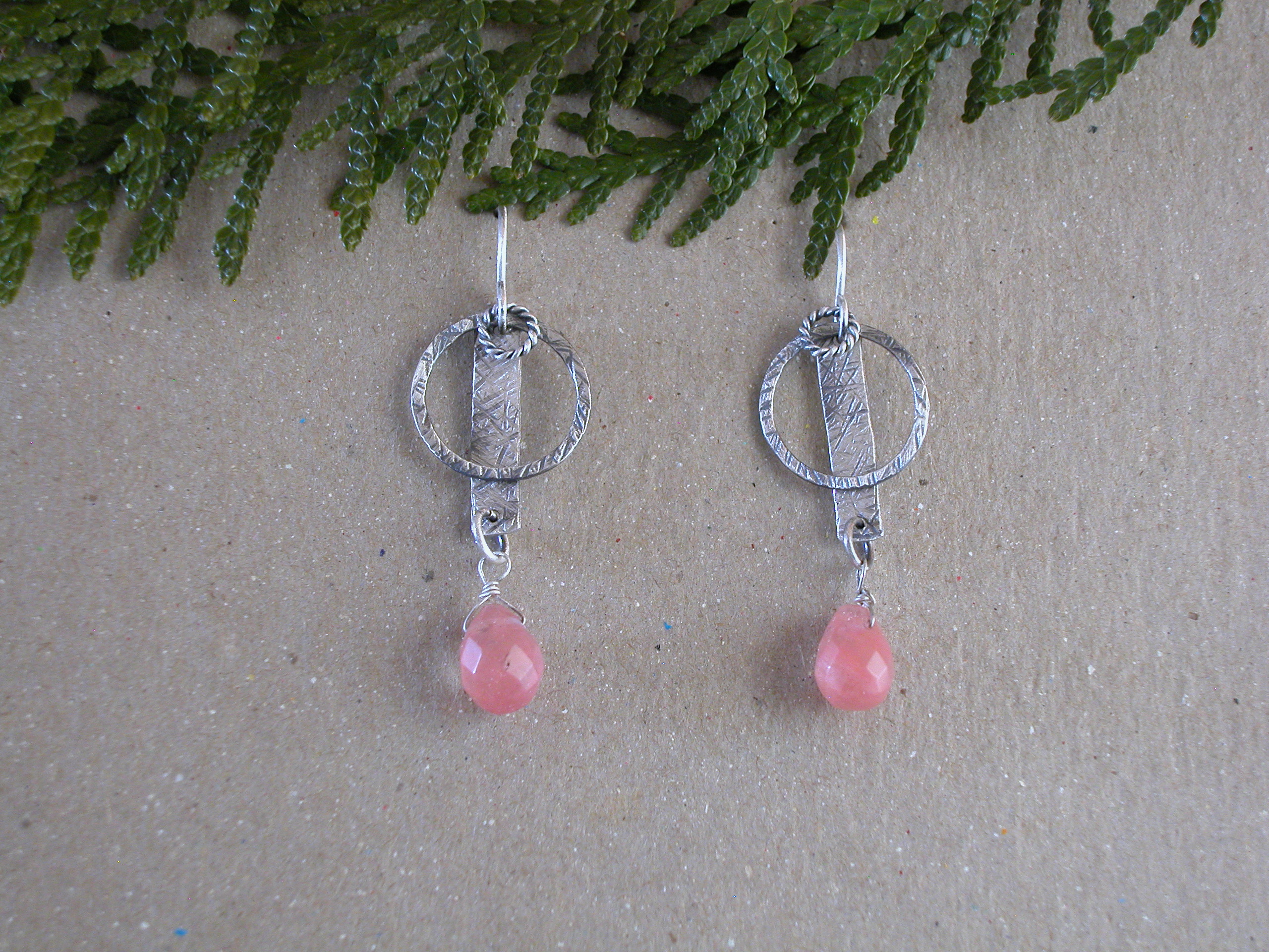 Circle Stick Earrings SS and Peach Agate