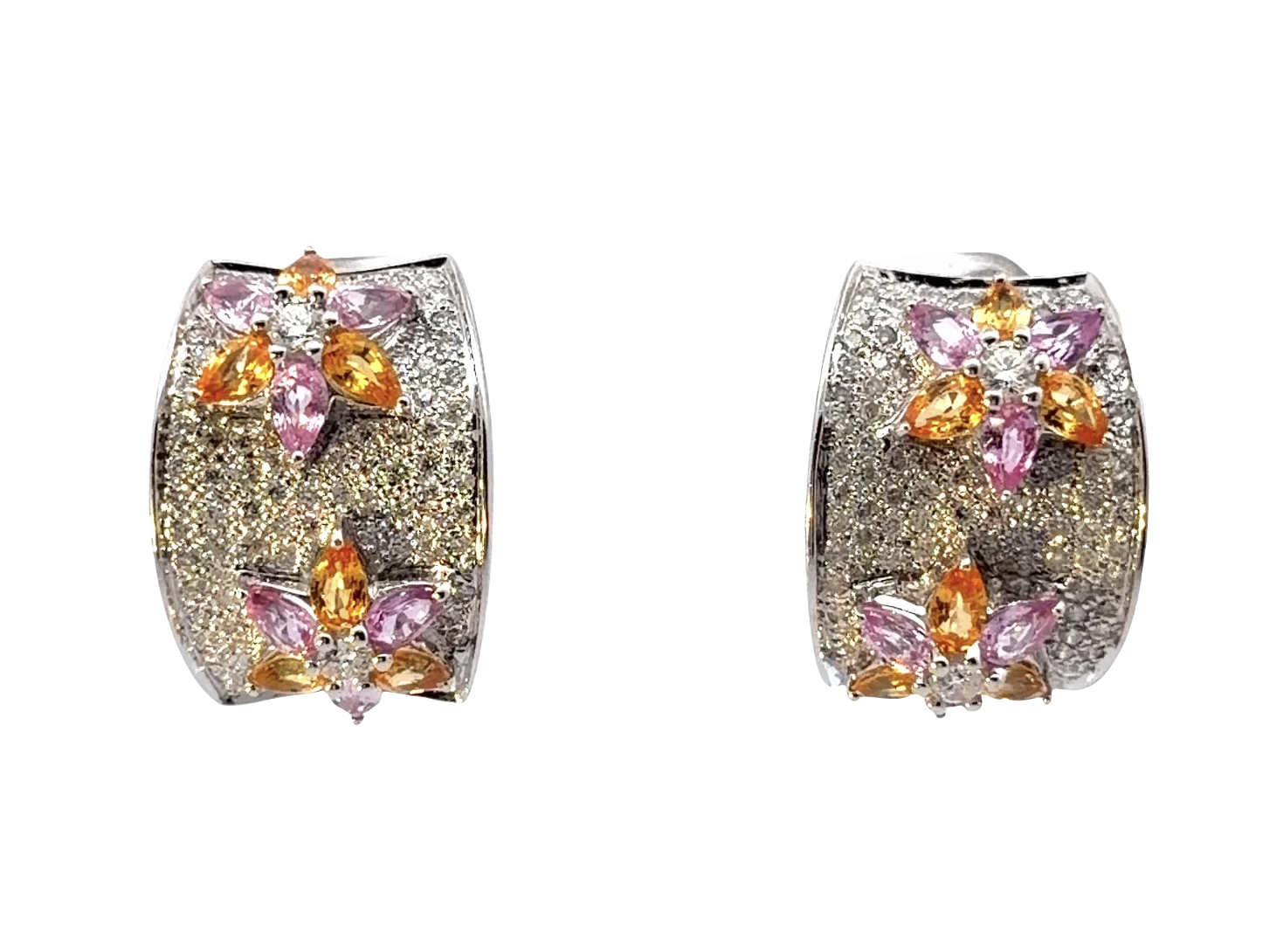 Image of 18 Karat White Gold Fancy Diamond and Fancy Sapphire Fat Hoops with Floral Motif by Marcia McDonough