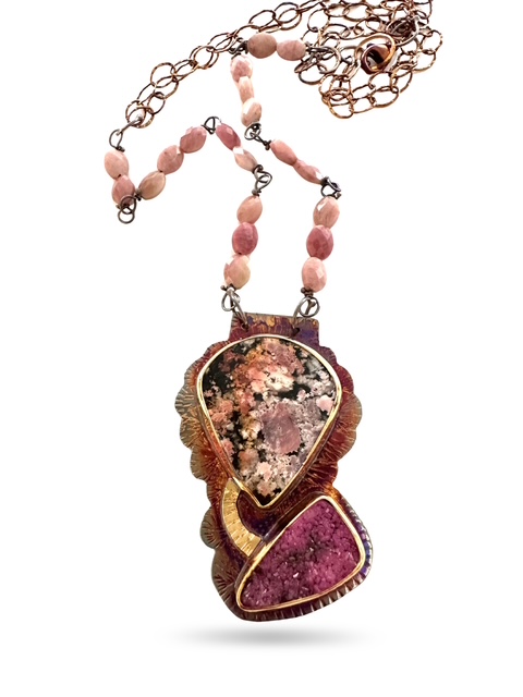 Image 2 for 3 Sterling Silver, Fine Silver Bezels, 18k Gold, Cobalto Calcite Druzy, and Feather Ridge Plume Agate Laminated to Austrailian Black Jade Necklace with Petrified Rhodonite Beads