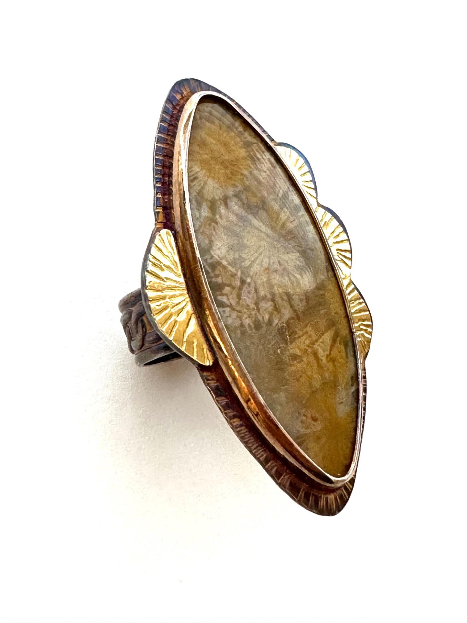Image of Sterling Silver, Fine Silver Bezel, 18k Gold, and Fossilized Coral Ring, Size 7.75 by Julie Shaw