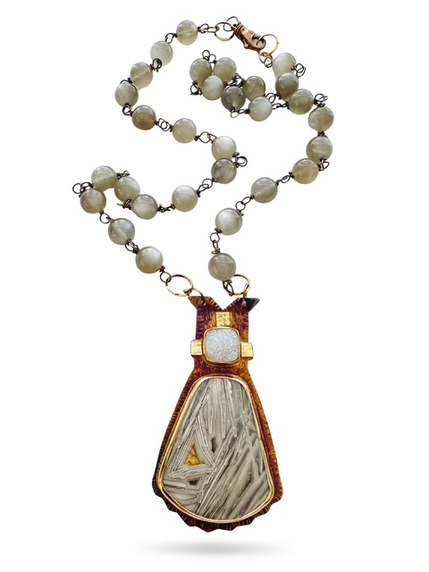 Image 2 for 5 Sterling Silver, Fine Silver Bezels, 18k Gold, Titanium treated Druzy Quartz and Lattice Lace Agate Necklace with Sterling Silver Chain, Black Moonstone Beads strung on Sterling Silver, and a Revolving Lobster Clasp