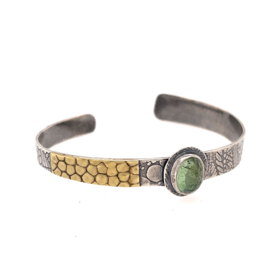 Sterling, Bronze and Green Tourmaline Narrow Cuff