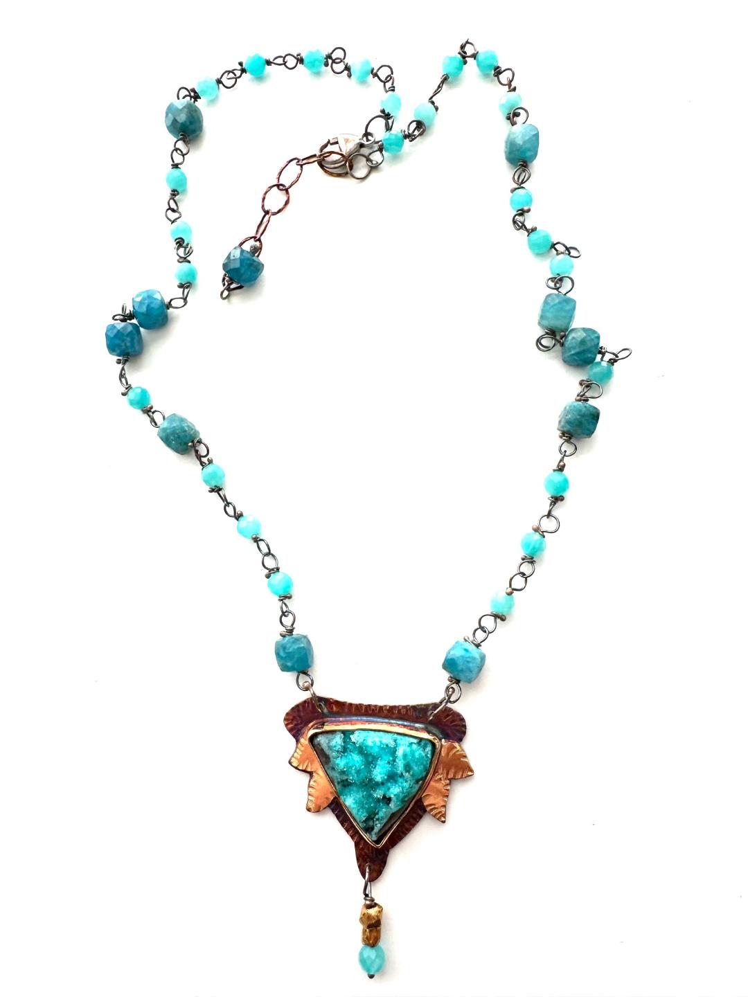 Sterling Silver, Fine Silver Bezel, 18k Gold, and Chrysocolla Druzy Necklace with Apatite and Amazonite Bead Chain and Lobster Clasp