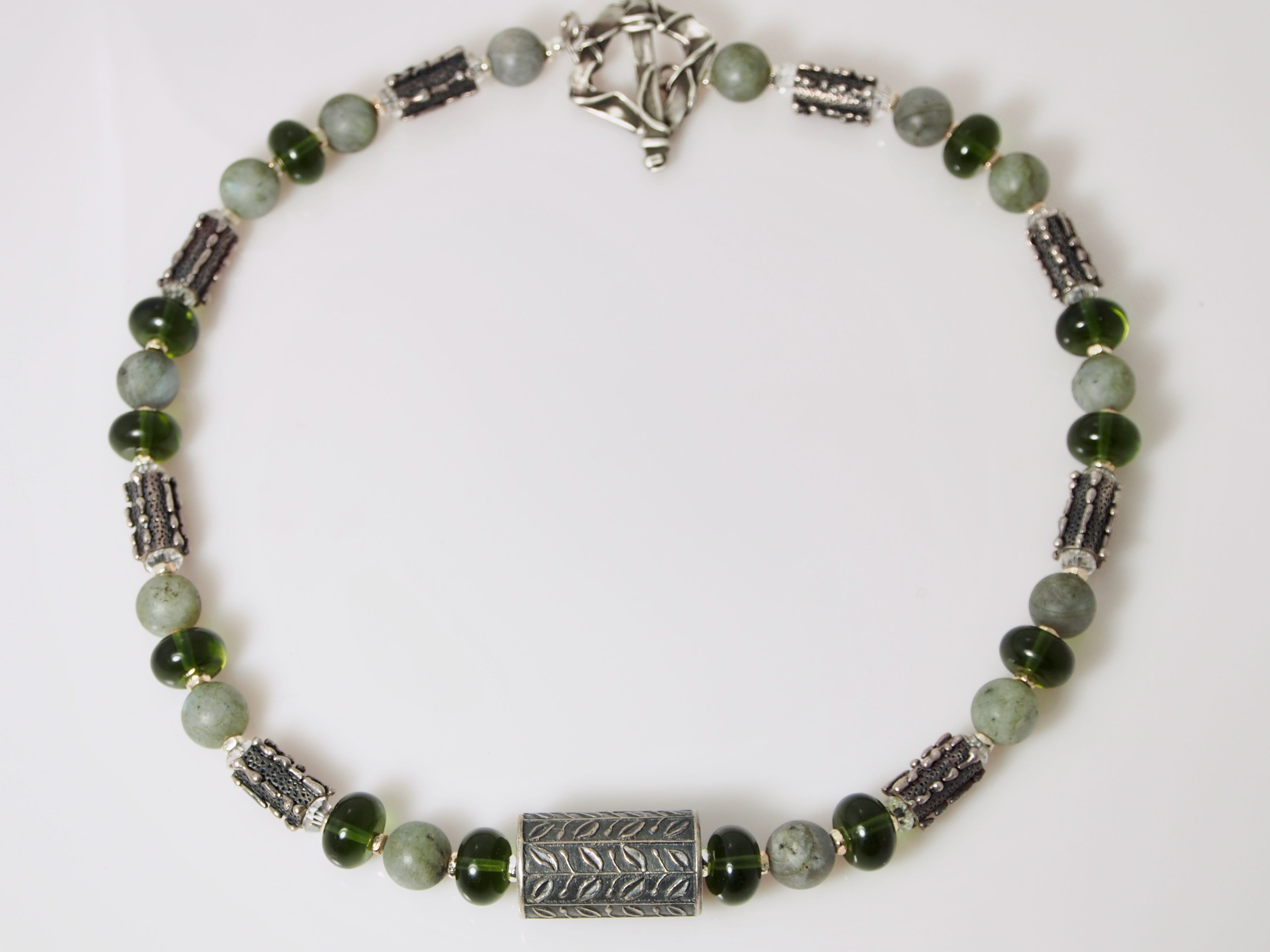Nature's Calling Necklace - Sterling Silver Anne Choi Leaf Bead/Silver Bark Beads/Matte Labradorite and Rare Bottle Green Moldavite From Czech Republic
