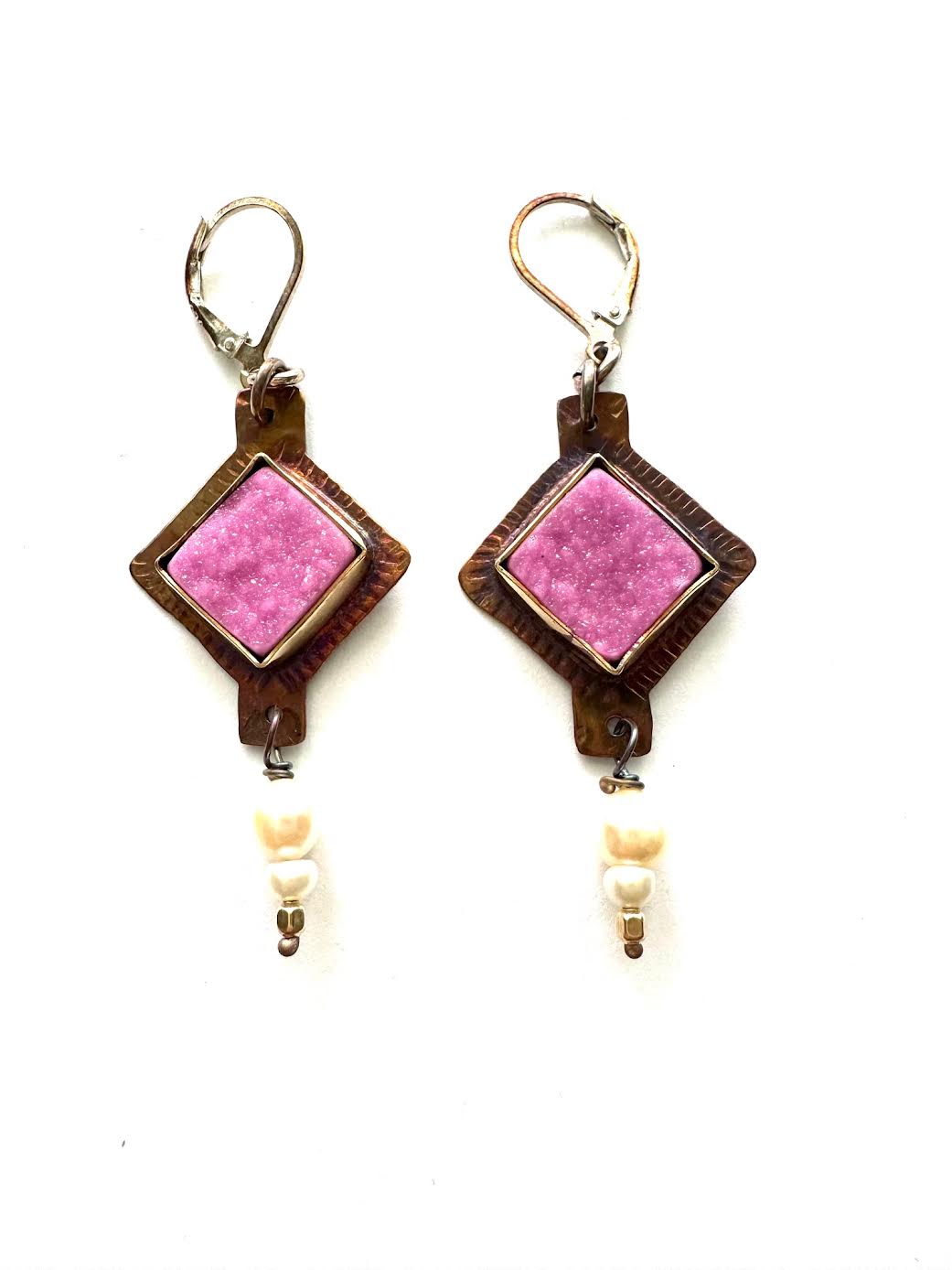 Image of Sterling Silver, Fine Silver Bezel, Cobalt Calcite Druzy and Pearl Earrings by Julie Shaw