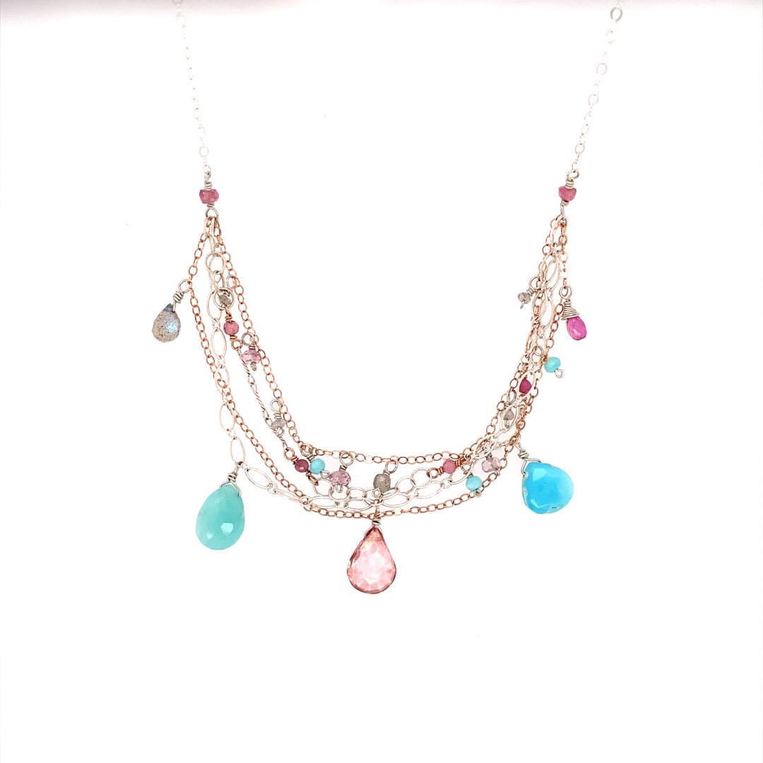 Charm Necklace Rose Gold Filled Chain, Sterling, Mystic Pink Quartz, Turquoise, Amazonite, Labradorite, Tourmaline, Pink Sapphire