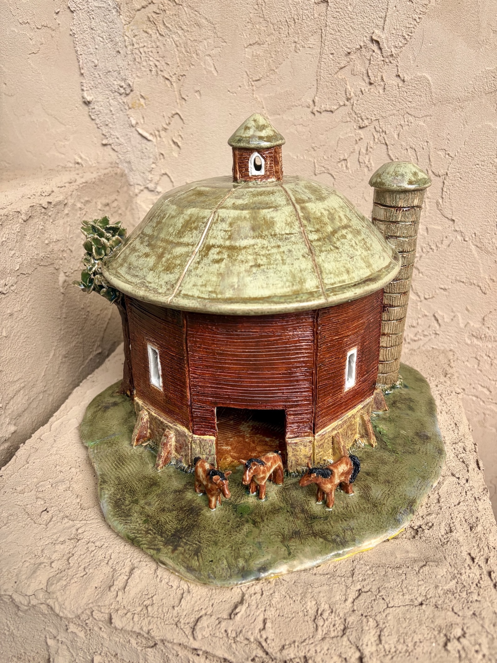 Image of Three Horse Antique Round Barn by Sandra McKenzie Schmitt