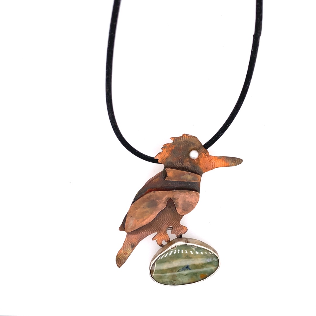 Kingfisher Pendant with Rhyolite, Copper and Bronze