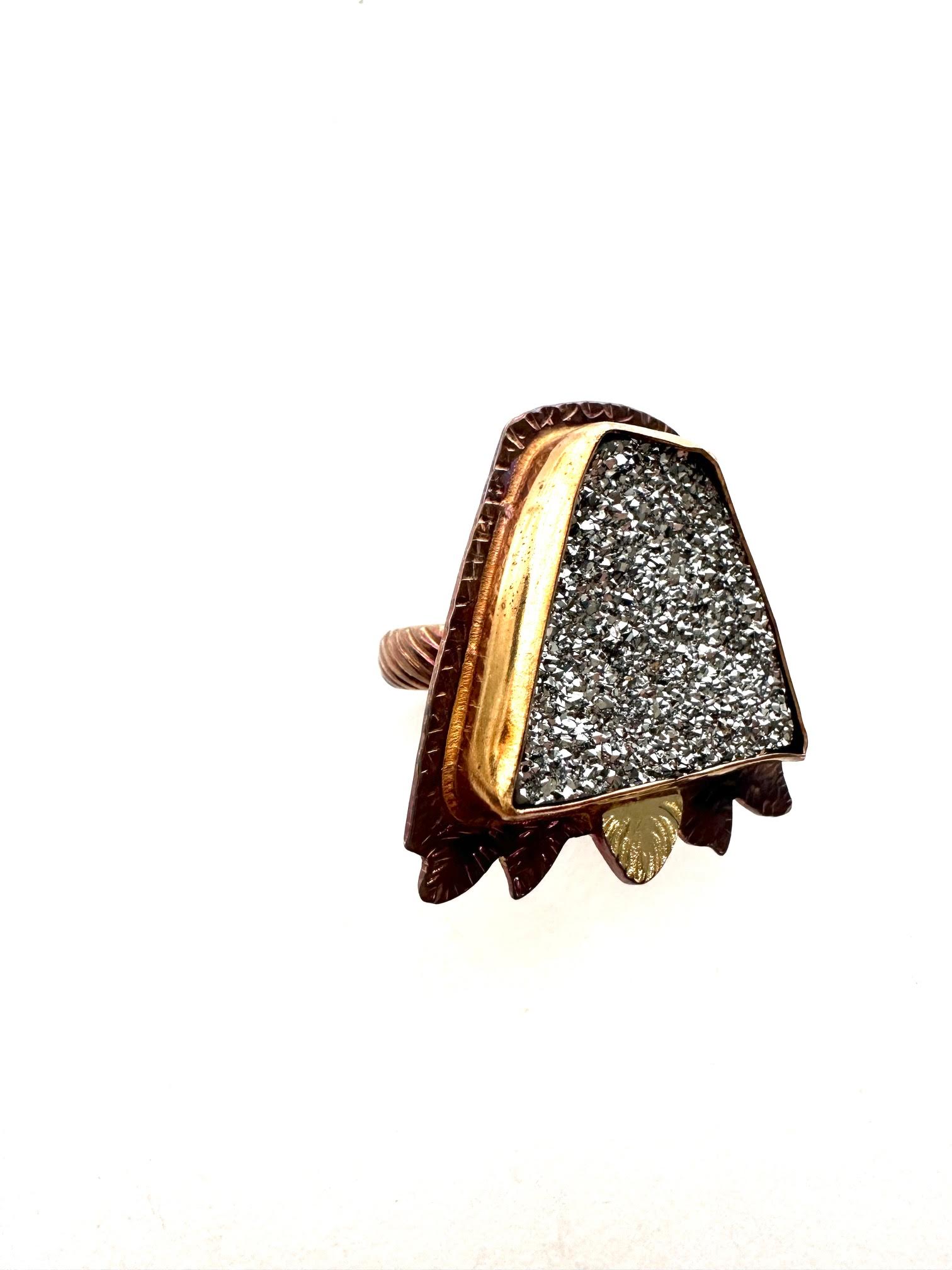 Image 2 for Sterling Silver, Fine Silver Bezel, 18k Gold, and Silver Mist Druzy Ring - Size 7.5