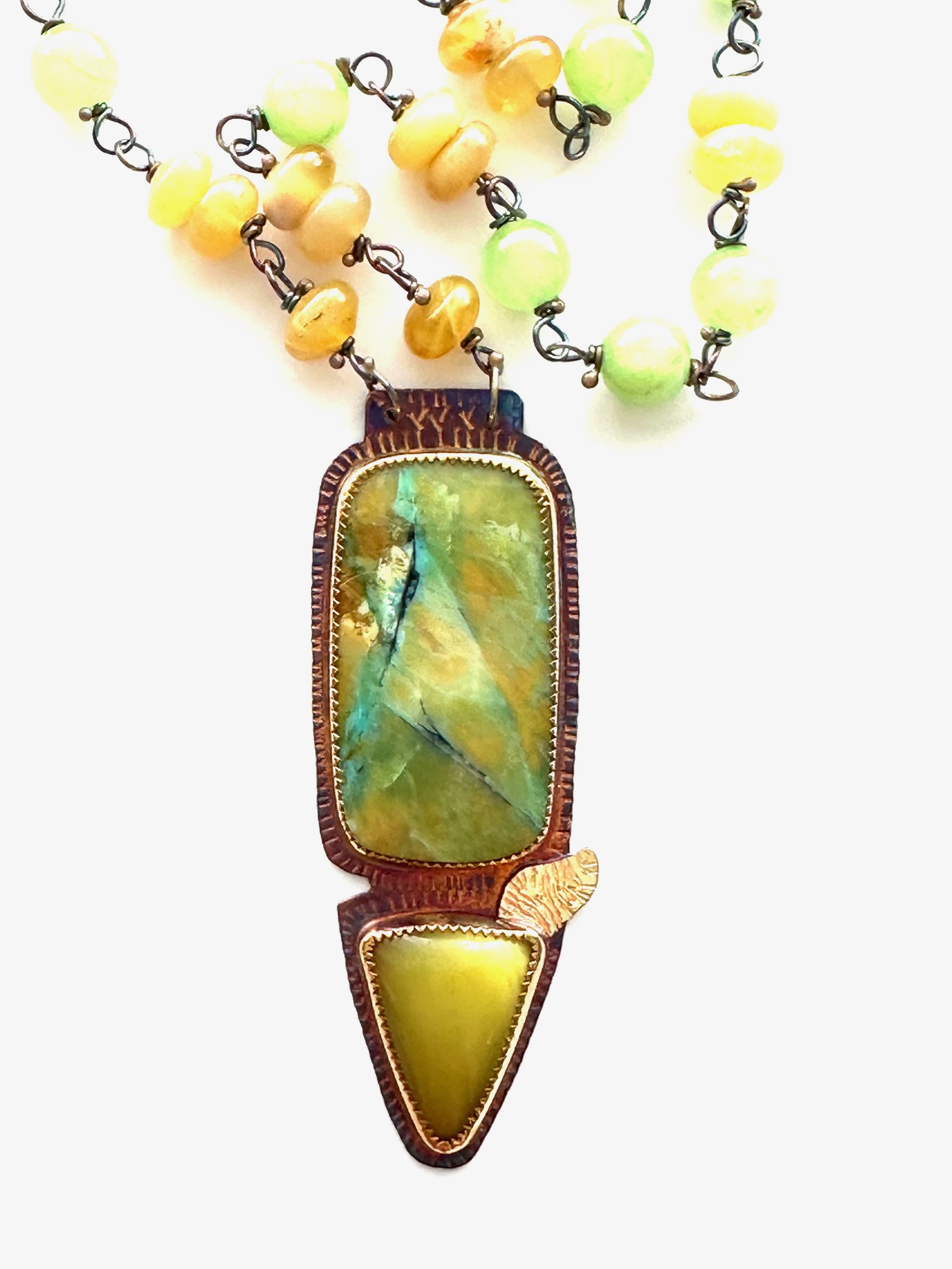 Blue Opal Petrified Wood, Serpentine, Sterling, 18k Gold Necklace on Yellow Opal and Chrysoprase Beads