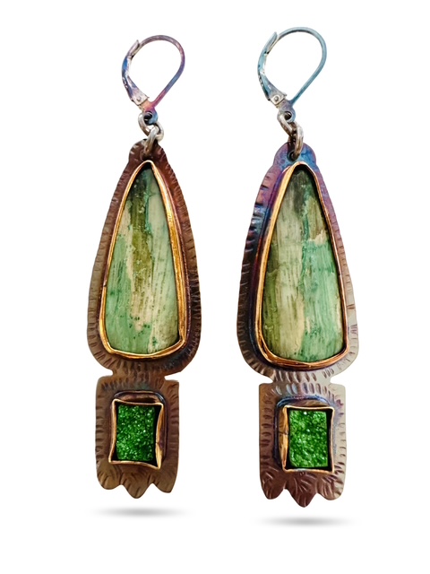 Image 2 for 2 Sterling Silver, Fine Silver Bezels, rare Colla Wood from Turkey and Uvarovite Earrings with Sterling Silver Lever Earwires