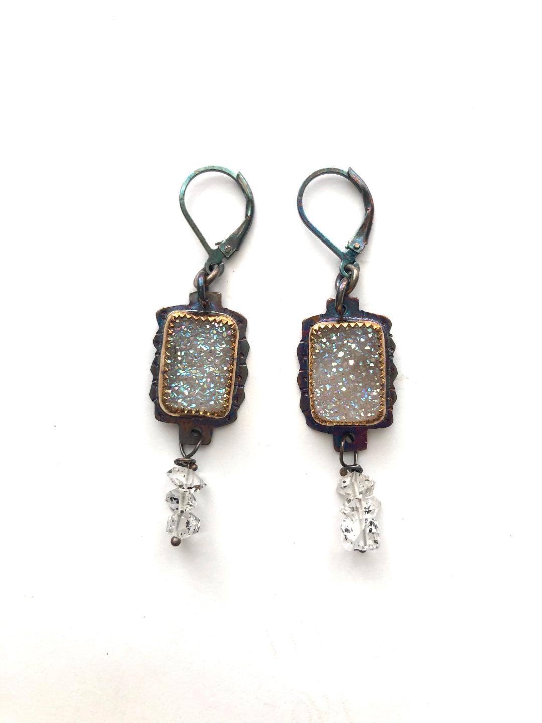 Image 1 for Titanium Plated Druzy Quartz and Herkimer Diamond Crystals Earrings in Sterling Silver Titanium Plated Druzy Quartz and Herkimer Diamond Crystals Earrings in Sterling Silver