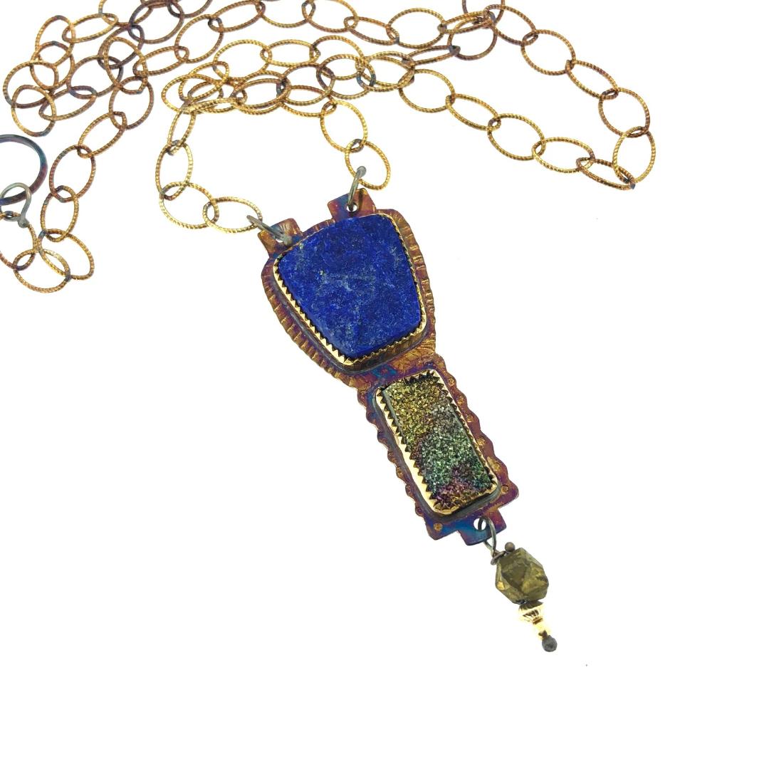 Image 1 for Lapis and Pyrite Druzy Necklace, length 22” Lapis and Pyrite Druzy Necklace, length 22”