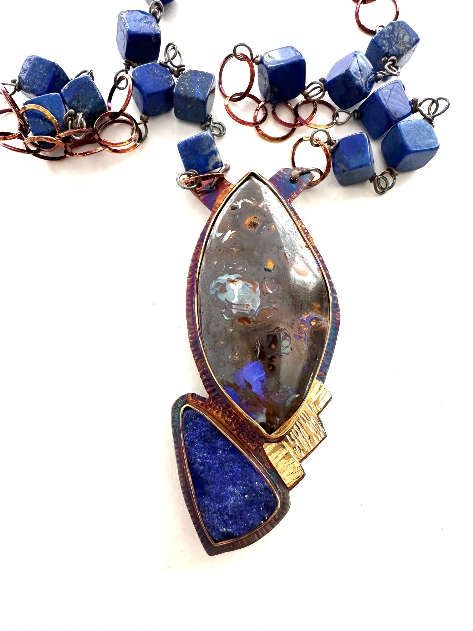 Image of Sterling Silver, Fine Silver Bezels, 18k Gold, Lapis Lazuli, and Boulder Opal Necklace with Lapis Beads Strung on Sterling Silver Chain with a Lobster Clasp by Julie Shaw