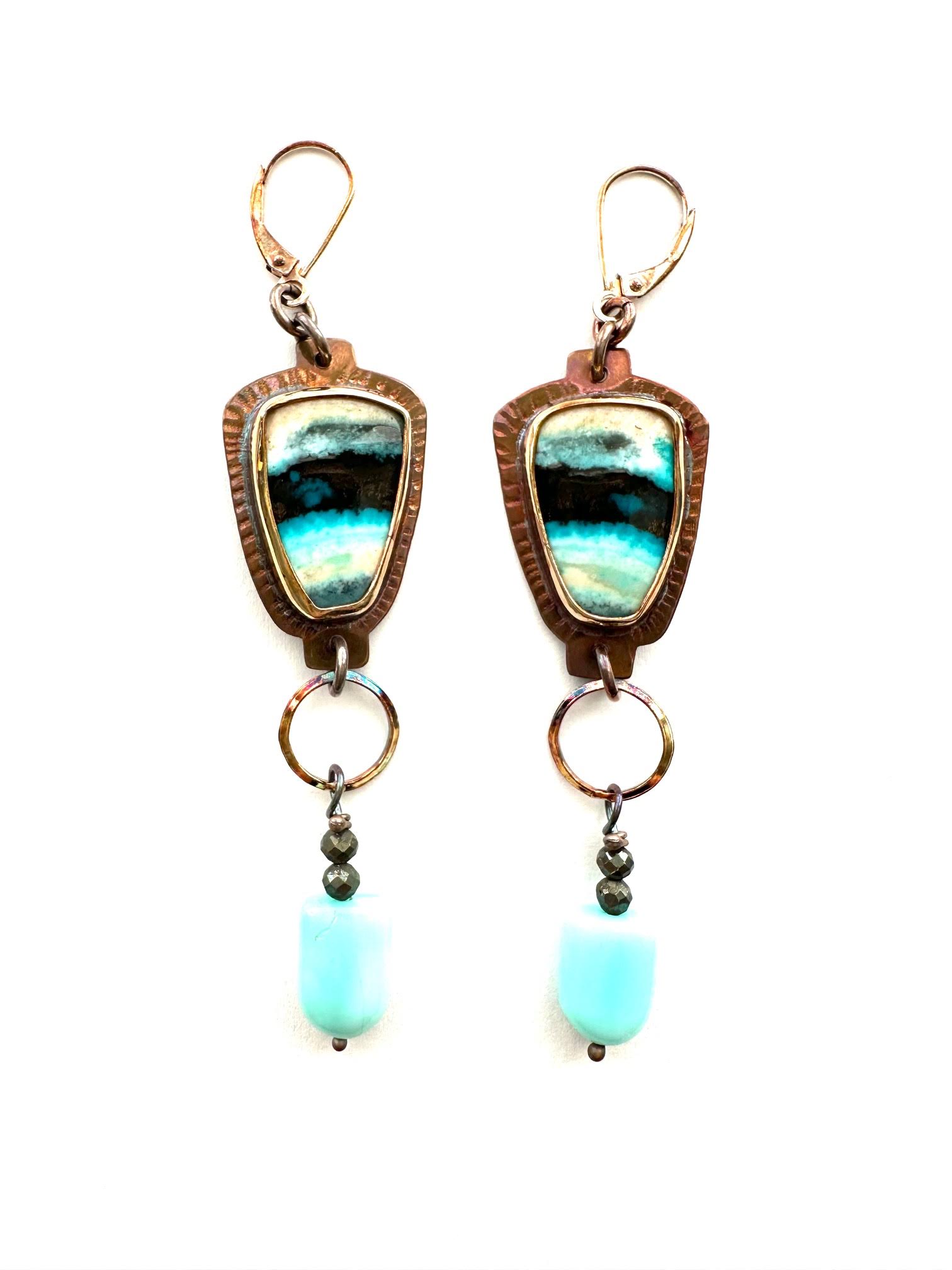Image of Sterling Silver, Fine Silver Bezels, and Blue Opal Wood Earrings with Peruvian Opal Dangle by Julie Shaw