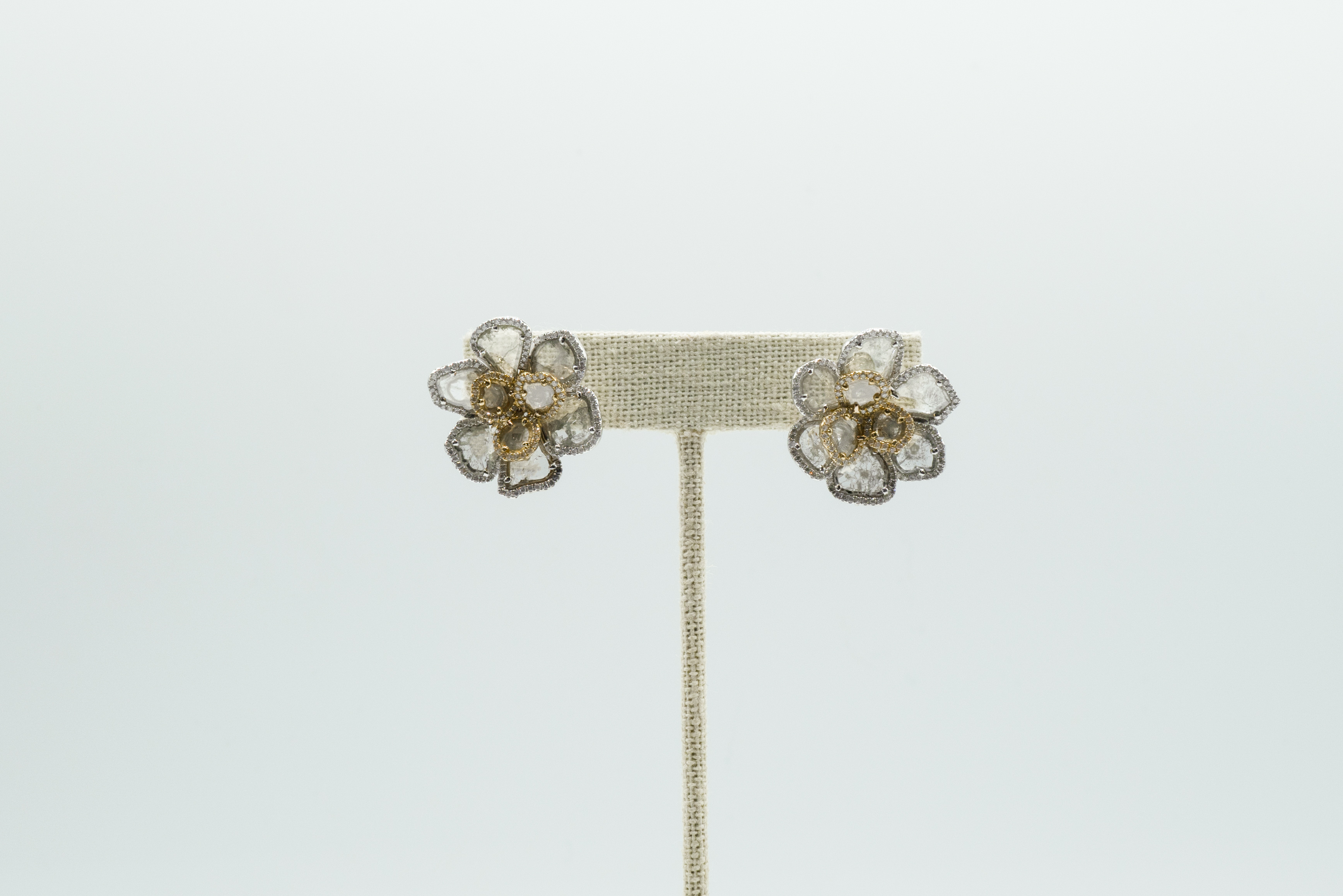 Handmade Diamond Slice Flower Earrings 18k White Gold and 18k Yellow Gold Hidden Hook on Back
