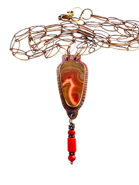 Image of Sterling Silver, Fine Silver Bezel, and Laguna Agate Necklace with Coral and Sterling Silver Beads by Julie Shaw