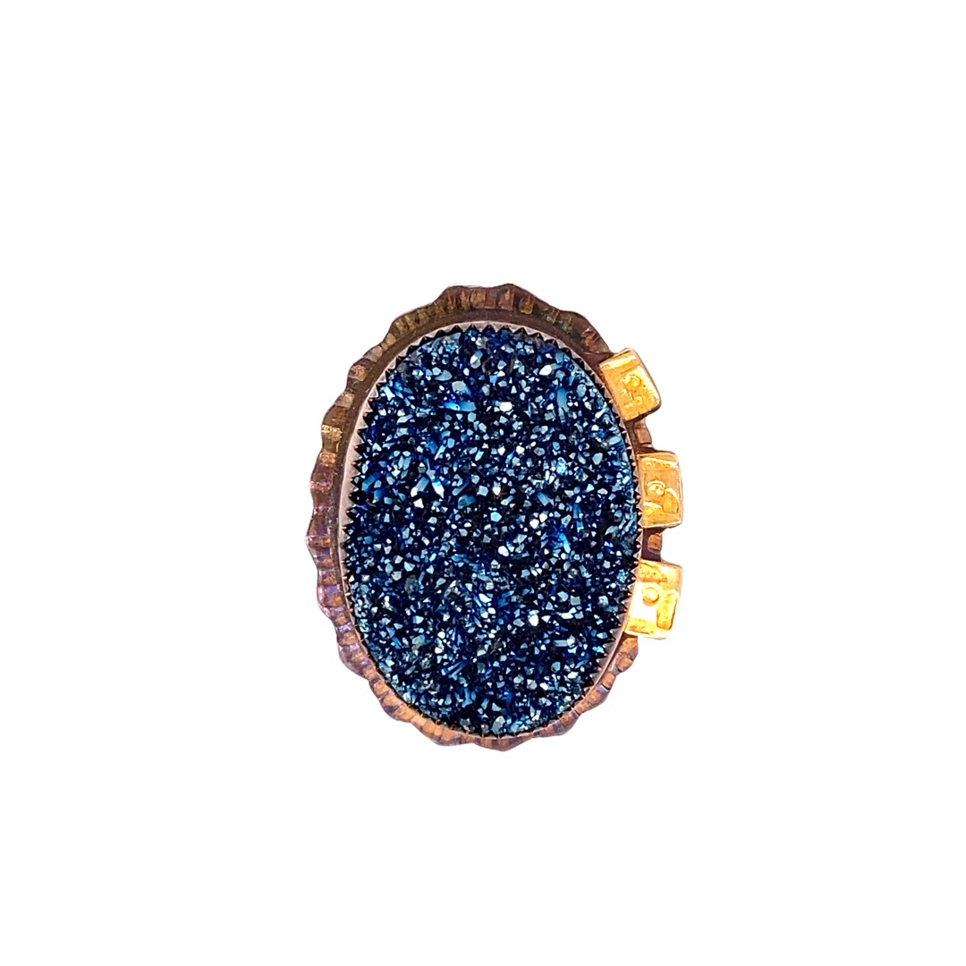 Sterling, 22k Gold and Blue Druzy Ring Size 9