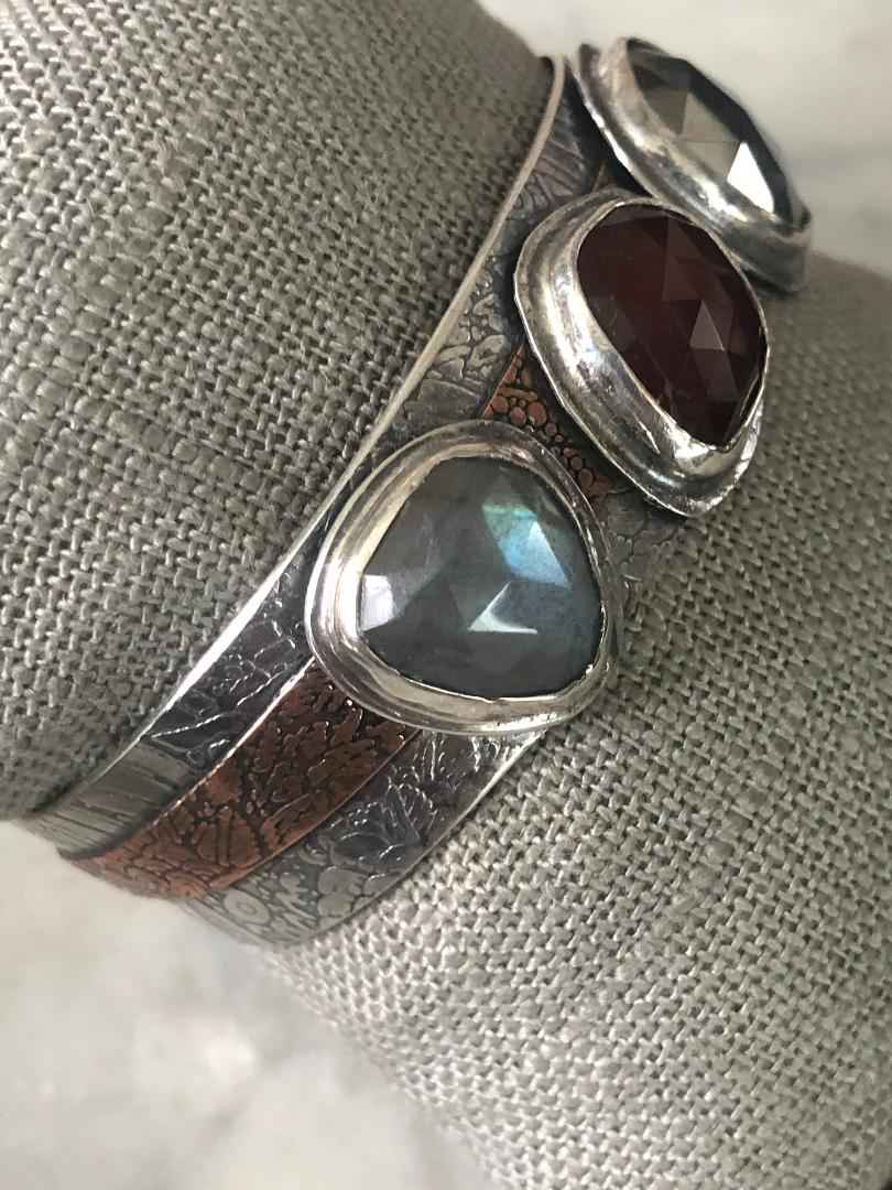 Mixed Gemstone Cuff Sterling, Copper, Labradorite, Grossular Garnet and Pyrite