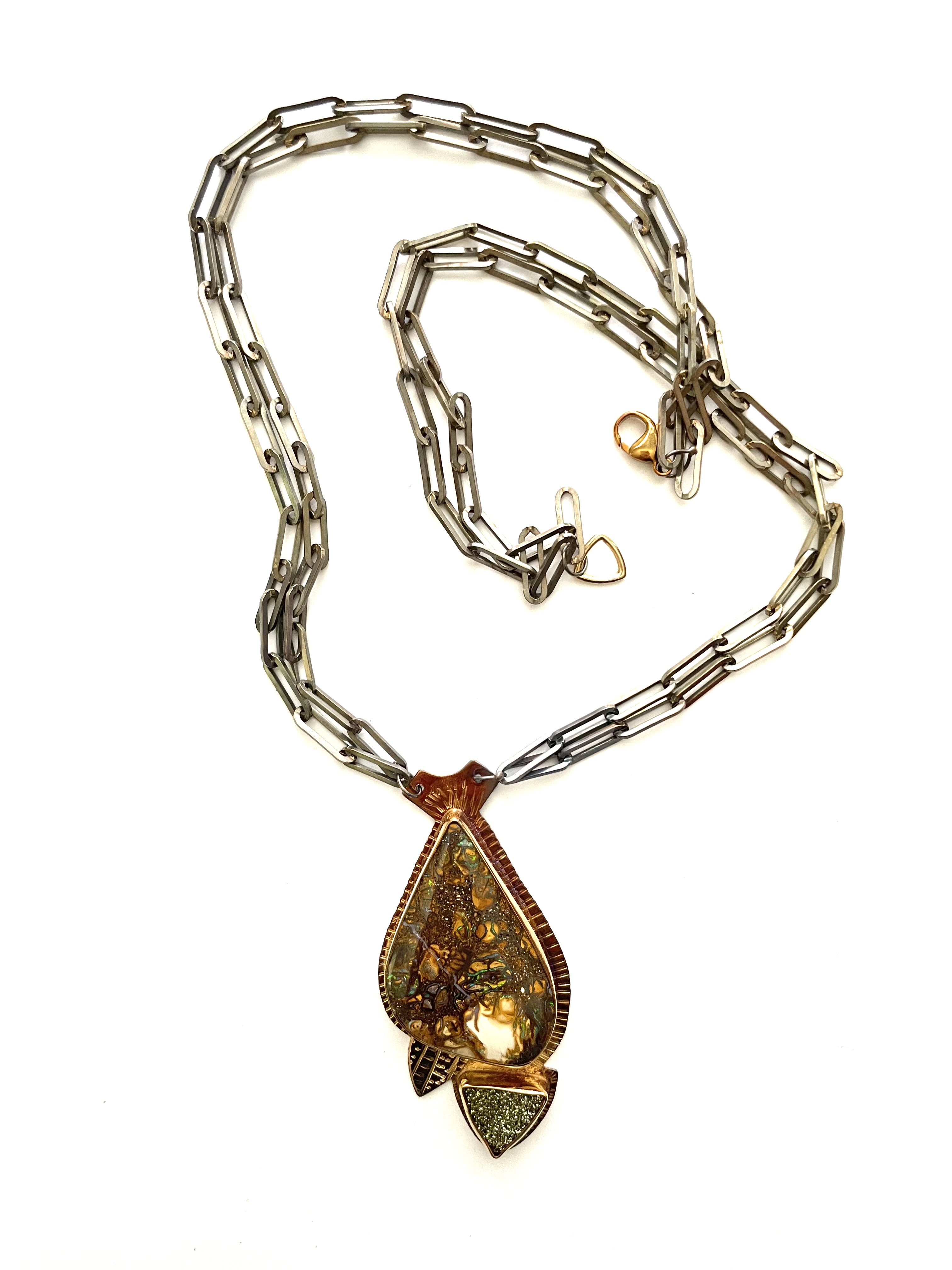 Sterling Silver, 18k Gold,  Yowah Opal, and Pyrite Druzy Necklace
