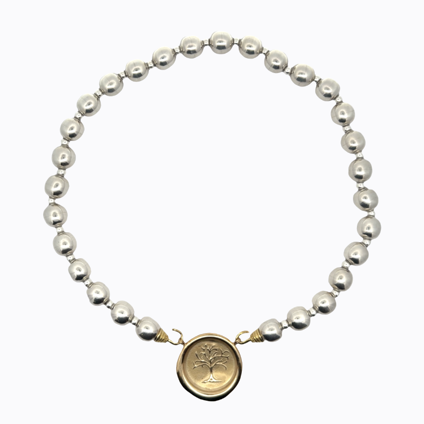 Image of 10 mm and 3 mm Lacquer Sterling Silver Bead Strand with Hand Cast Gold Bronze Hooks by Marcia McDonough