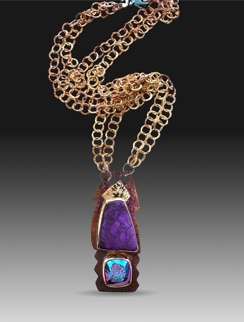 Image 2 for 3 Sterling Silver, Fine Silver Bezels, 18k Gold, Sugilite, and titanium plated Quartz Druzy Necklace with Sterling Silver Chain