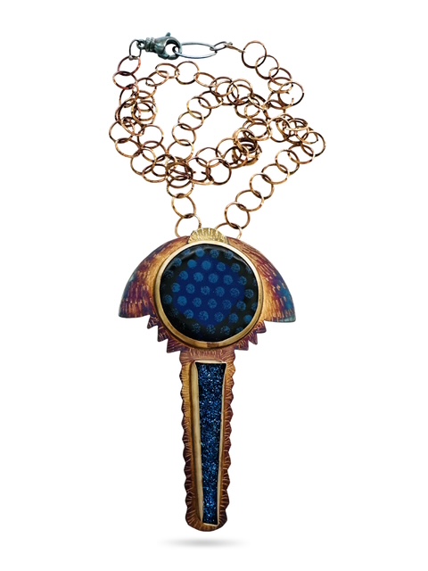 Image 2 for 7 Sterling Silver, Fine Silver Bezels, 18k Gold, Electric Blue Druzy (Color created by Titanium) and Enamel on Copper Necklace with Sterling Silver Chain and a Revolving Lobster Clasp