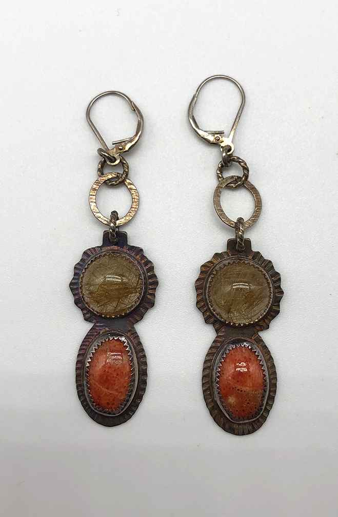 Image 1 for Apple Coral, Rutilated Quartz and Sterling Earrings Apple Coral, Rutilated Quartz and Sterling Earrings