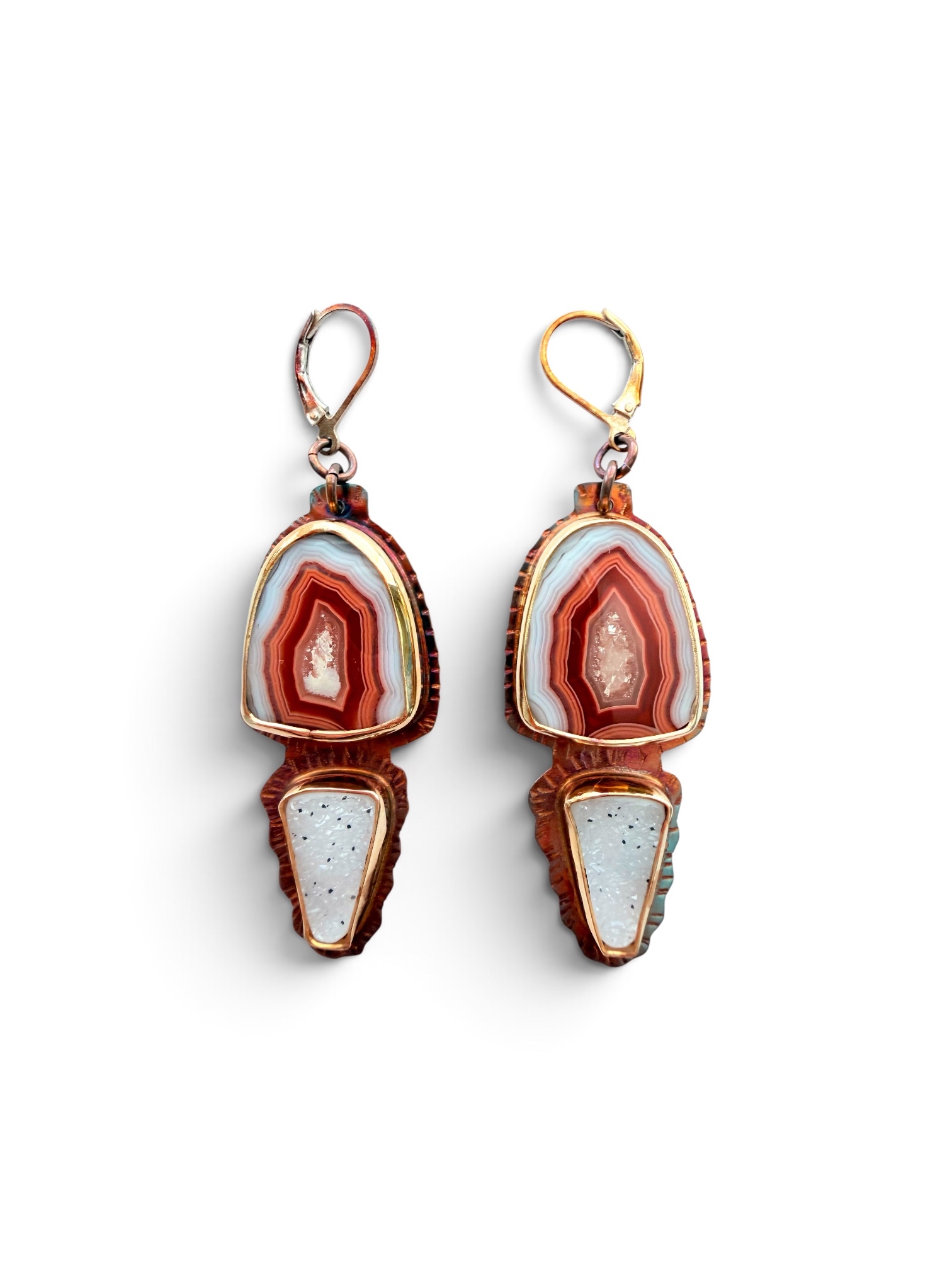 Image of 8 Sterling Silver, Fine Silver Bezels, Malawai Agate, Quartz Druzy, and Sterling Silver Lever Earrings by Julie Shaw