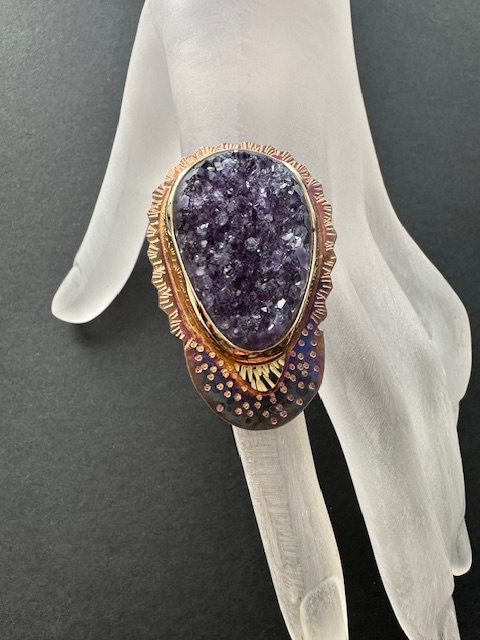 Image 3 for 3 Sterling Silver, Fine Silver Bezel, Amethyst Crystals, and 18k Gold Ring - Size 7.25