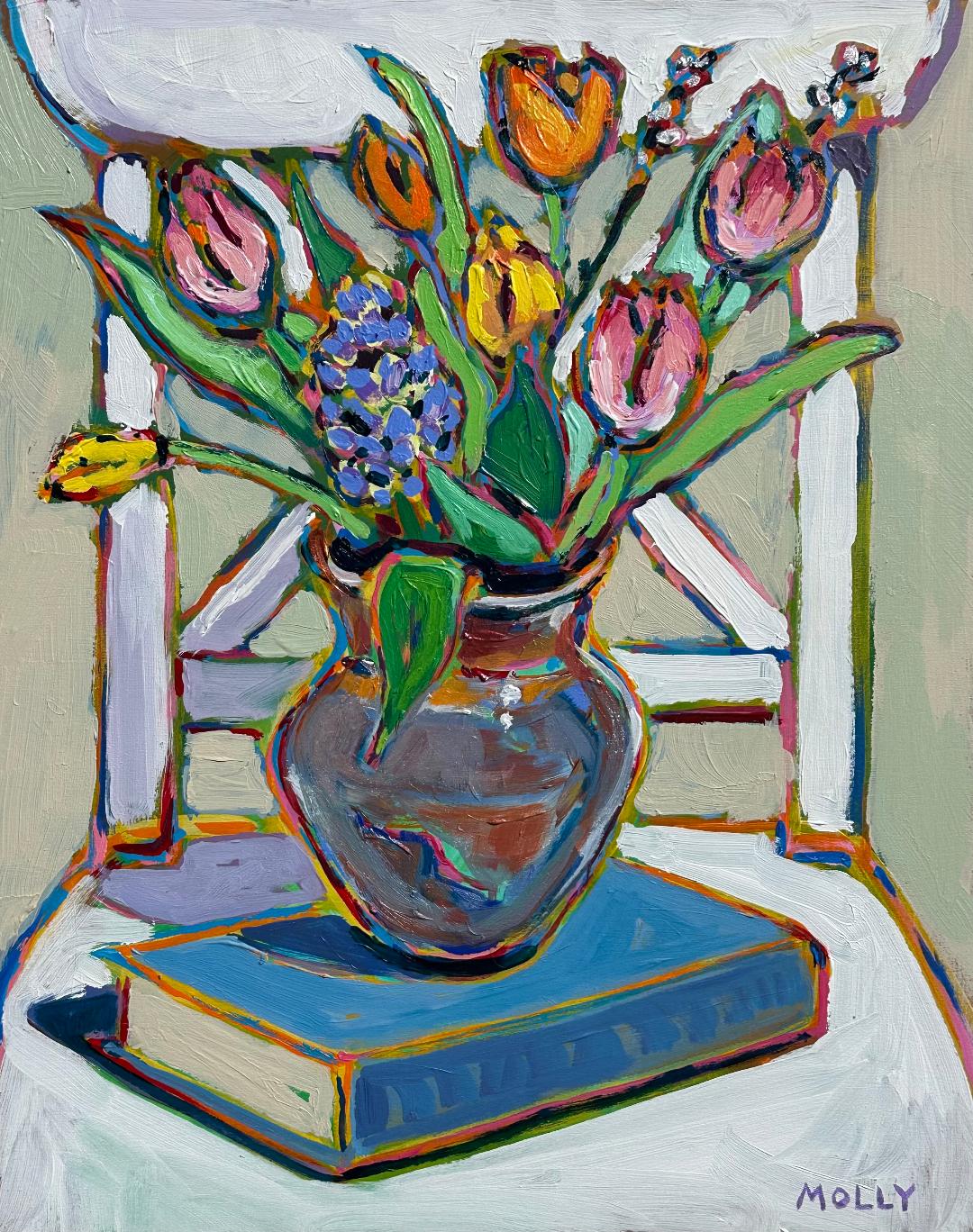 Spring Bouquet, Clay Vase, and Book