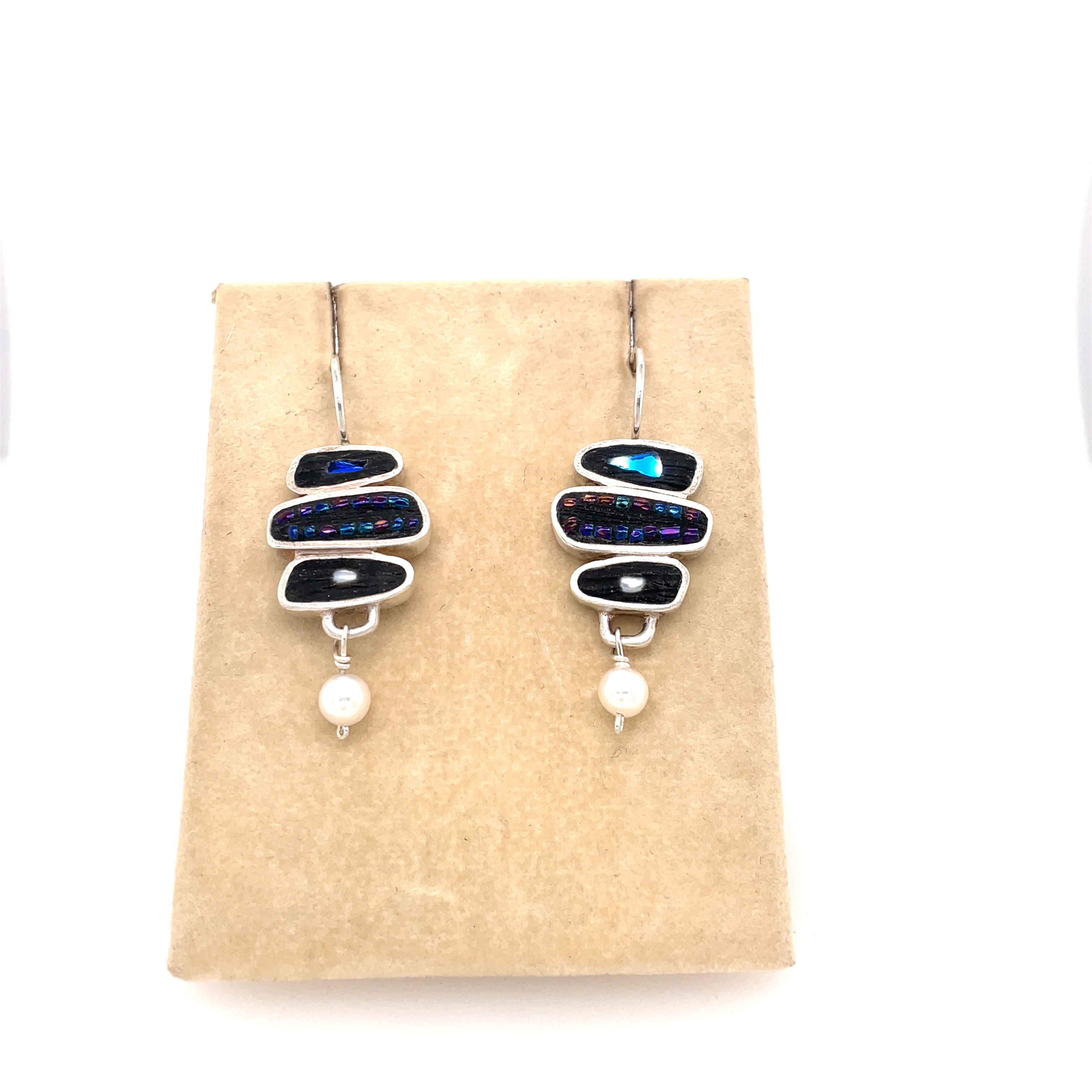3 Black Rectangle Earrings with Pearl Drop