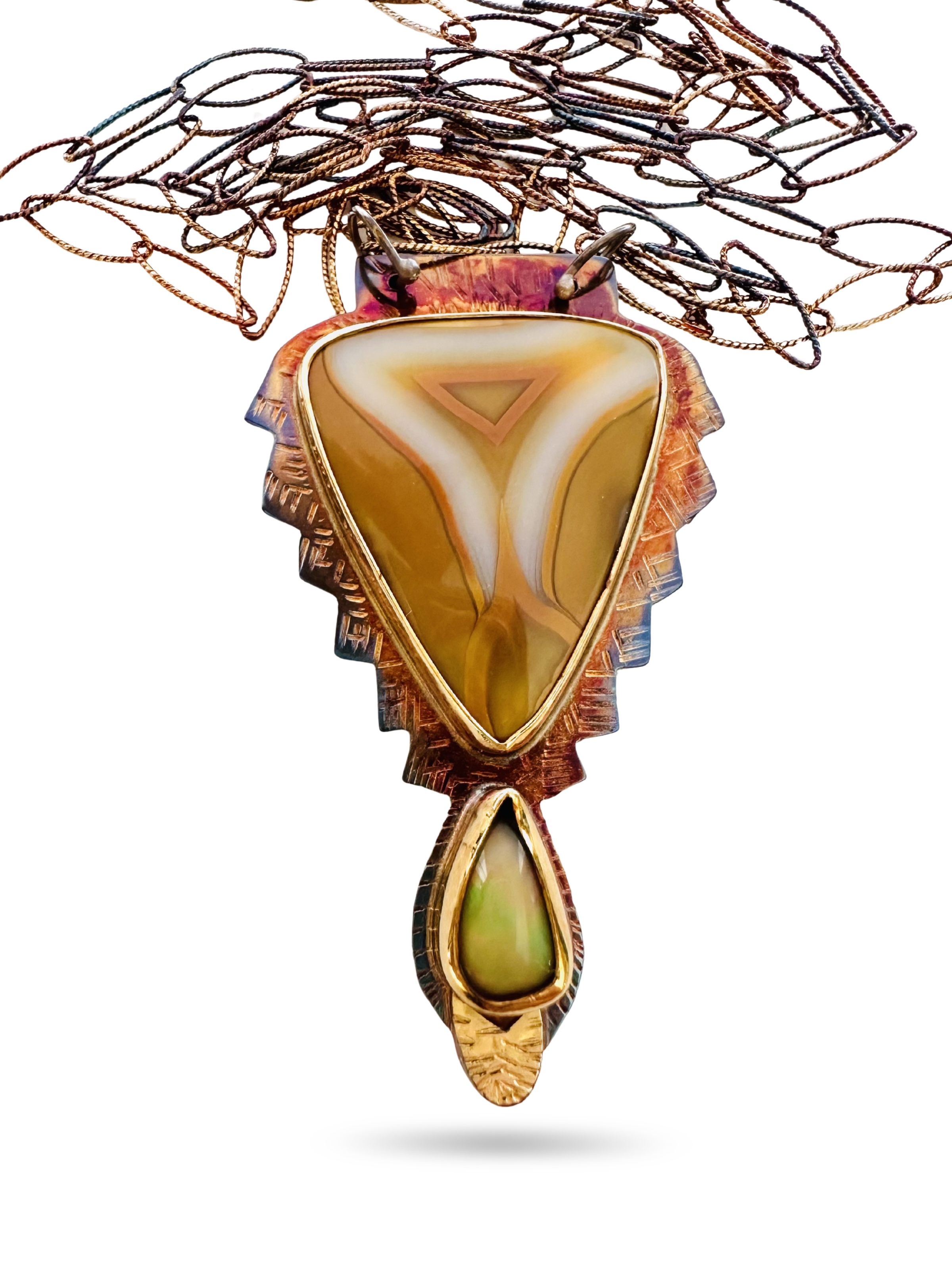 Image of 5 Sterling Silver, Fine Silver Bezels, 18k Gold, Sumatra Agate, and Ethiopian Opal Necklace with Sterling Silver Chain and Lobster Clasp by Julie Shaw