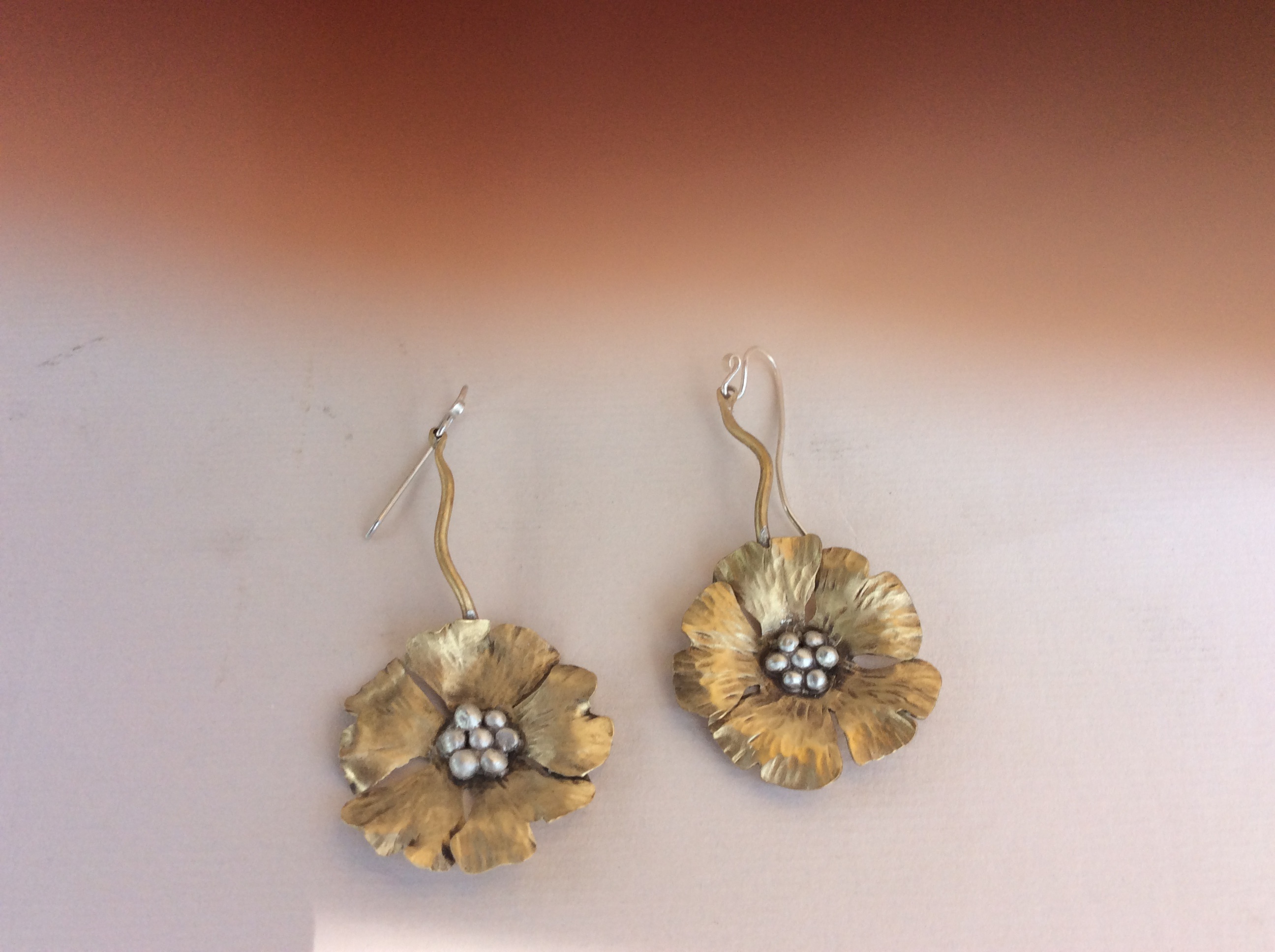 Large Poppy Short Earrings, Brass and Silver