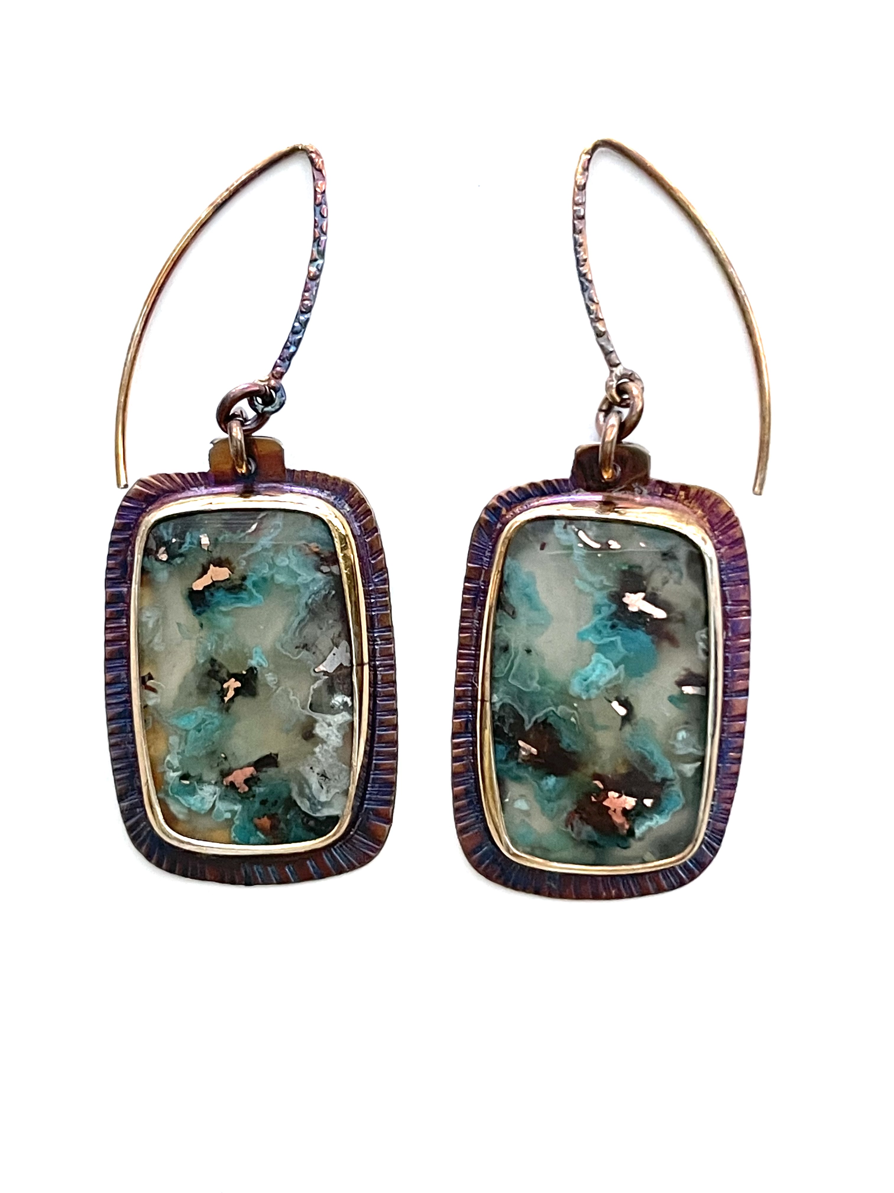 Sterling Silver and Rare Chrysocolla Druzy in Chalcedony with Copper Earrings