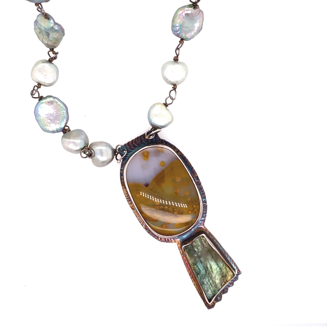 Natural Surface Labradorite, Polka Dot Agate and Sterling Necklace