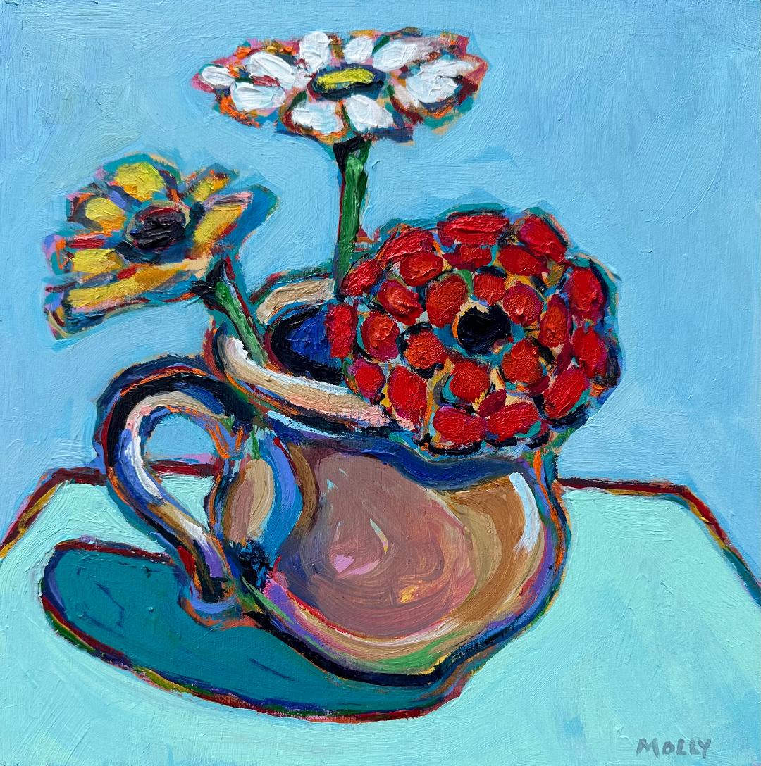 Image of Zinnias and Daisy in a Cup by Molly Krolczyk