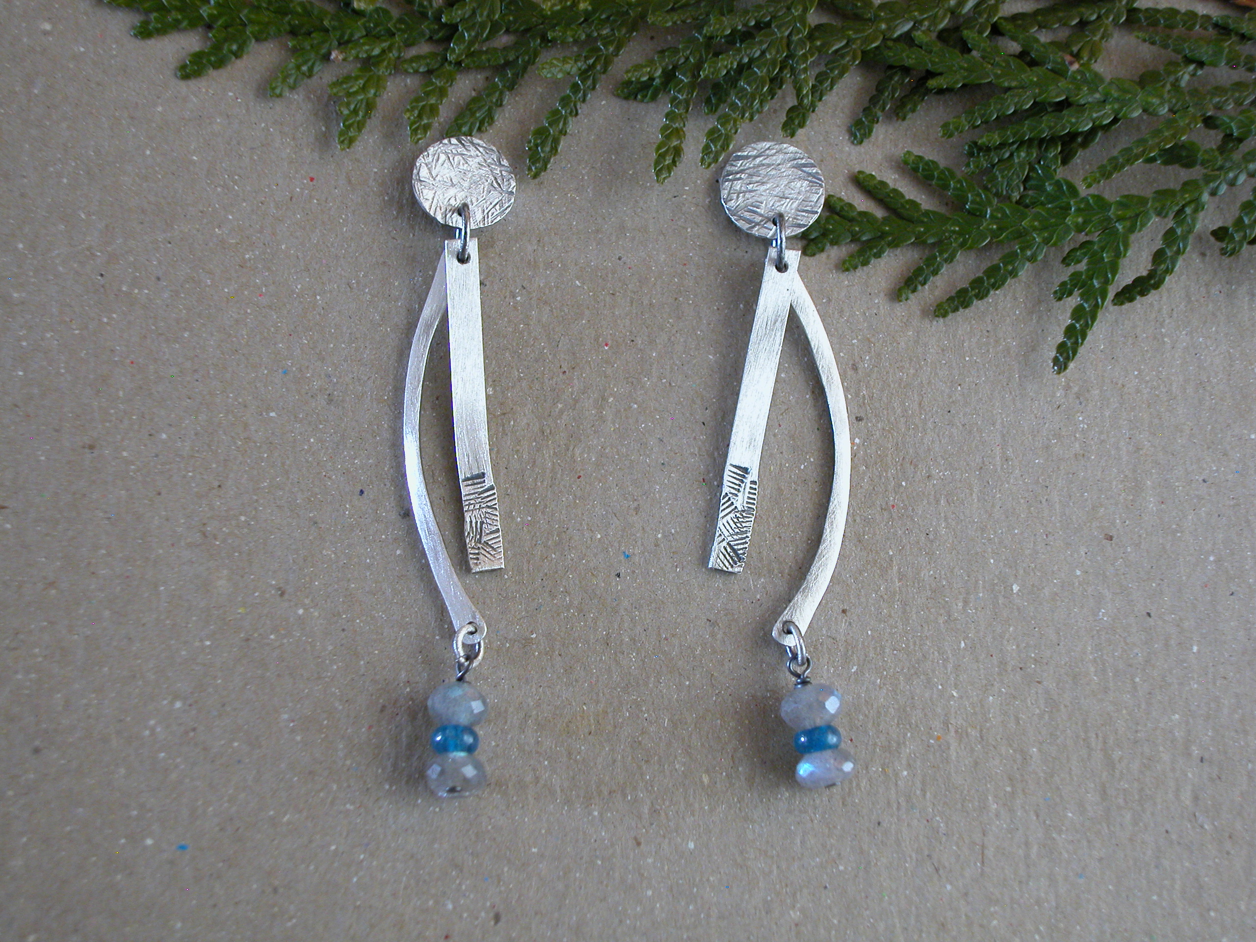Circle Stick Earrings SS, Labradorite and Kyanite Post Earrings
