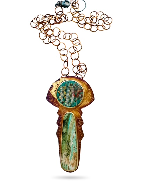Image 2 for 7 Sterling Silver, Fine Silver Bezels, 18k Gold, Collawood and Gold Leaf in the Enamel on Copper Necklace with Sterling Silver Chain and Revolving Lobster Clasp