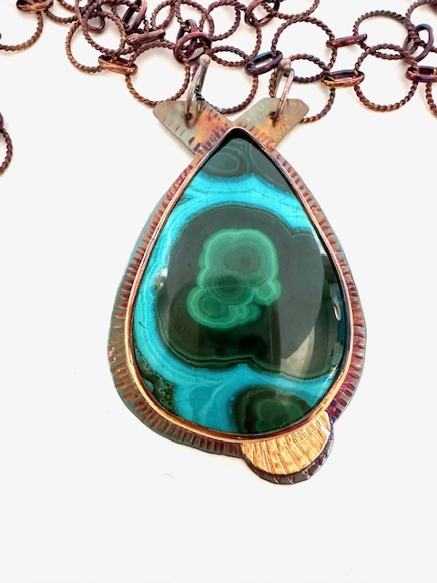 Image of Sterling Silver, Fine Silver Bezel, 18k Gold, and rare Chrysocolla /Malachite Necklace with Sterling Silver Chain and a Lobster Clasp by Julie Shaw