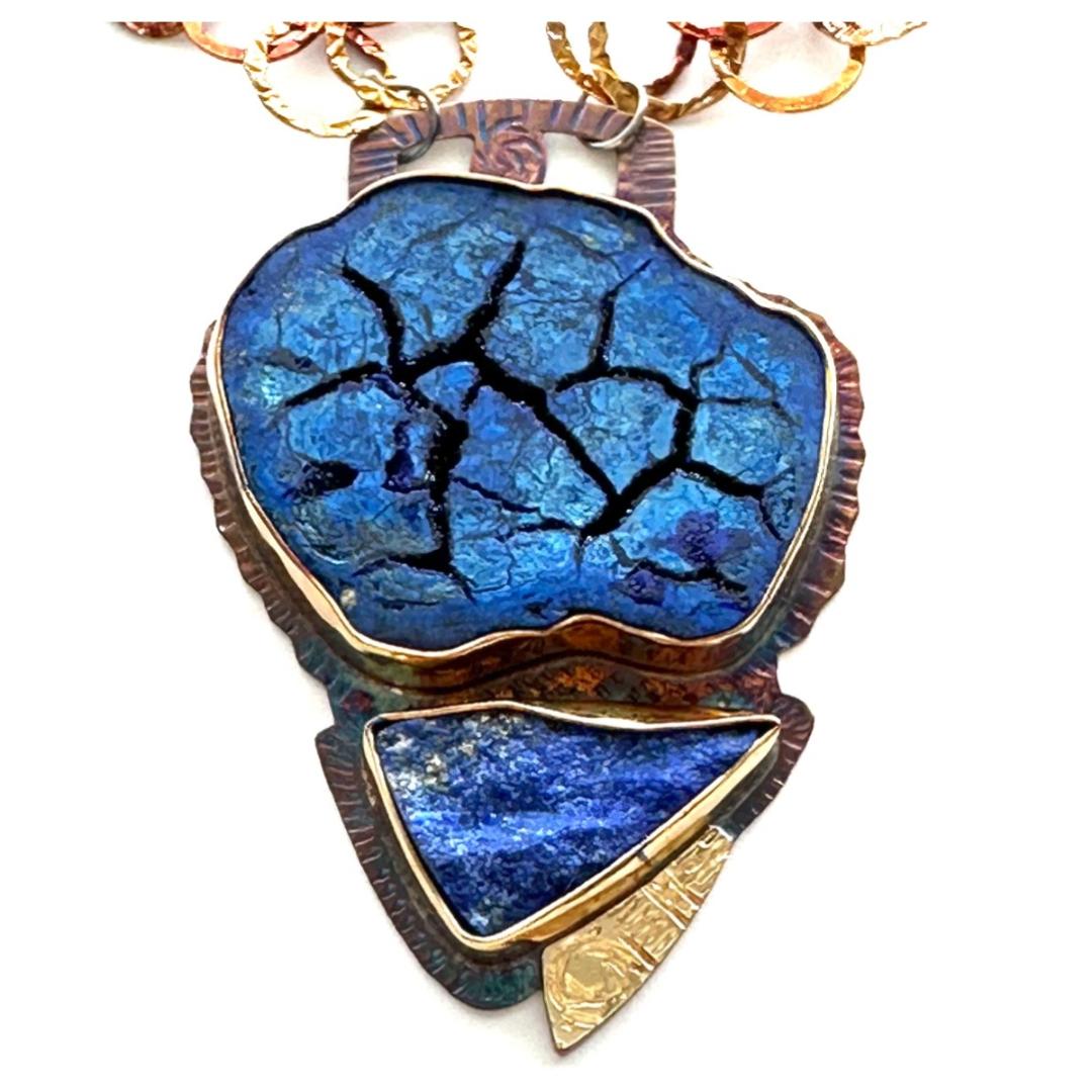 Sterling Silver, Fine Silver Bezels, 18k Gold, Azurite Nodule Slice, and Natural Surface Lapis Lazuli Necklace with Sterling Silver Chain and Lobster Clasp