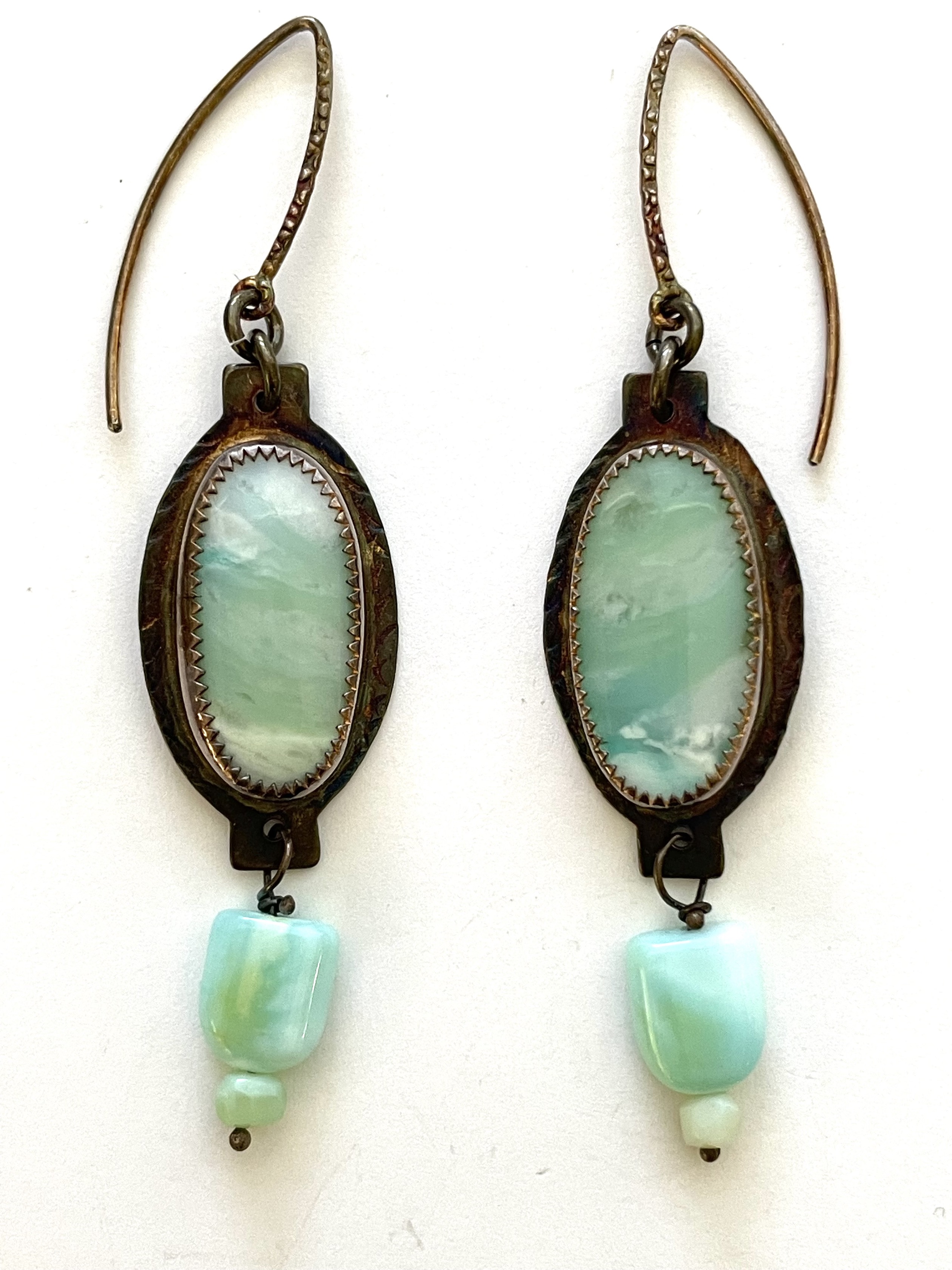 Sterling Silver, Blue Opal Petrified Wood and Peruvian Opal Beads Earrings
