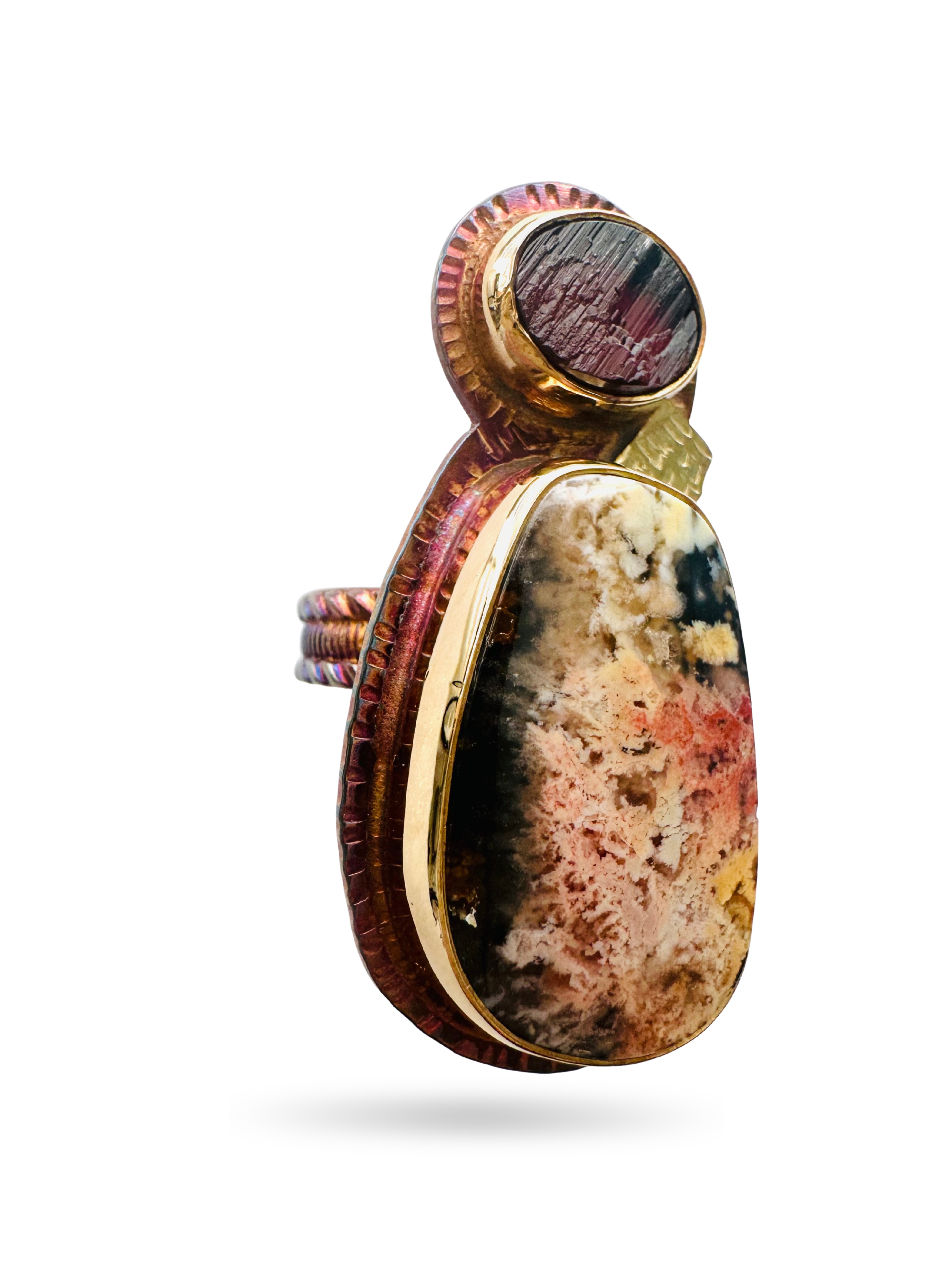 Image 2 for 3 Sterling Silver, Fine Silver Bezel, 18k Gold, Natural Surface Gorgeous Garnet and Feather Ridge Plume Agate laminated to Austrailan Black Jade Ring - Size 7