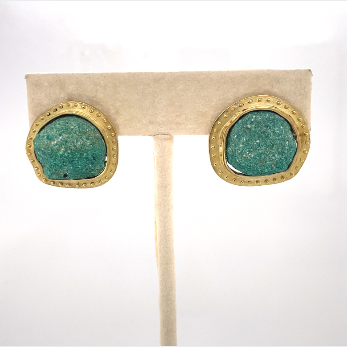 MC 21-0276: Handmade Medium Natural Round Stalactite Blue Earrings in Handmade Brass Mountings (Hidden Hook for Dangle)